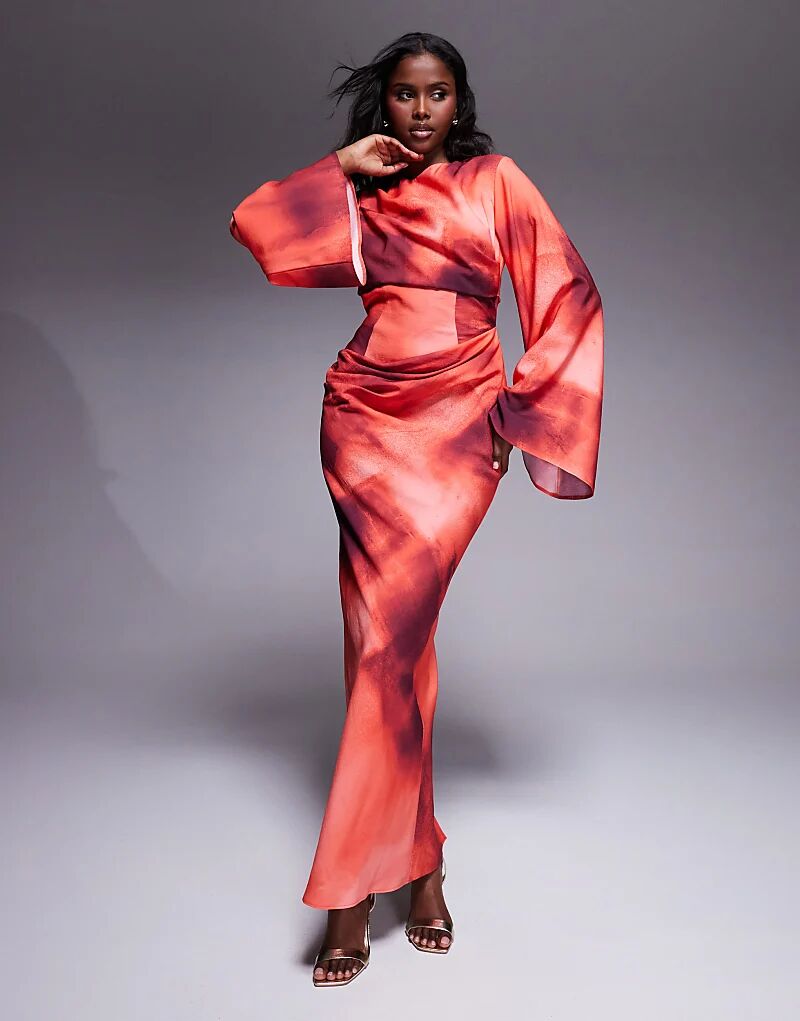 

Платье макси ASOS DESIGN с длинными рукавами и талией, с абстрактным принтом