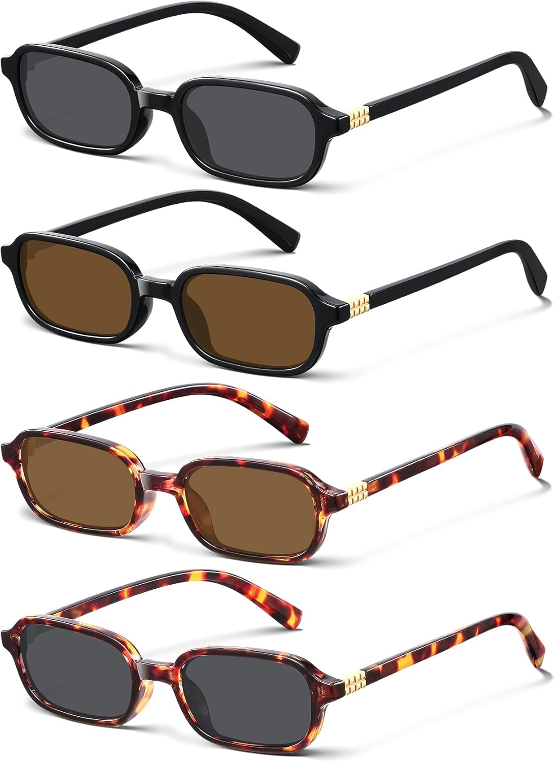 

KUGUAOK 4PACK Ретро прямоугольные солнцезащитные очки для женщин, модные маленькие, в стиле 90-х, Y2K, квадратные солнцезащитные очки с защитой от УФ-излучения, дорожные очки, 4pcs-black+leopard+leopard Black+black Tea