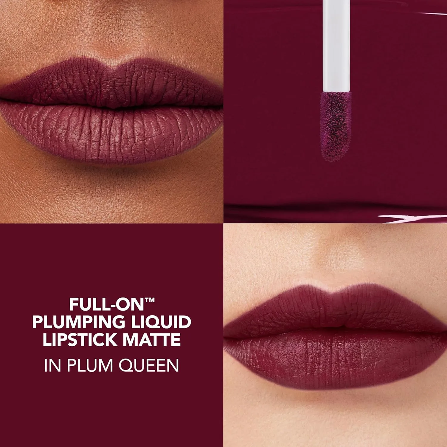 BUXOM Full-On Plumping Liquid Matte Помада, 8-часовое стойкое покрытие, с витамином E, гиалуроновой кислотой и пептидным комплексом, устойчивая к переносу, cruelty-free, 09 Plum Queen (Plum) — фото 2