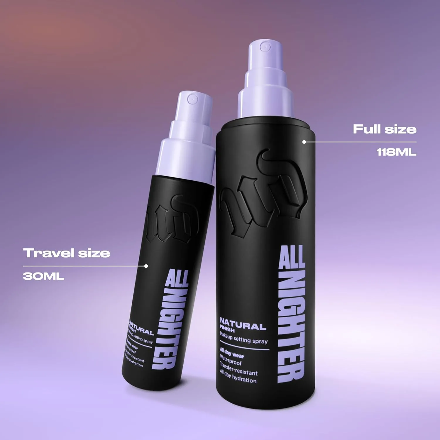 Urban Decay All Nighter Setting Spray дуэт: полный размер 118 мл и дорожный 30 мл, натуральный финиш, водостойкий, стойкий к смазыванию — фото 2