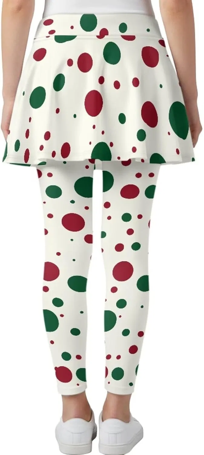 Леггинсы с юбкой 2-в-1 для девочек Hresuewn, Red Green Polka Dot-white — фото 2