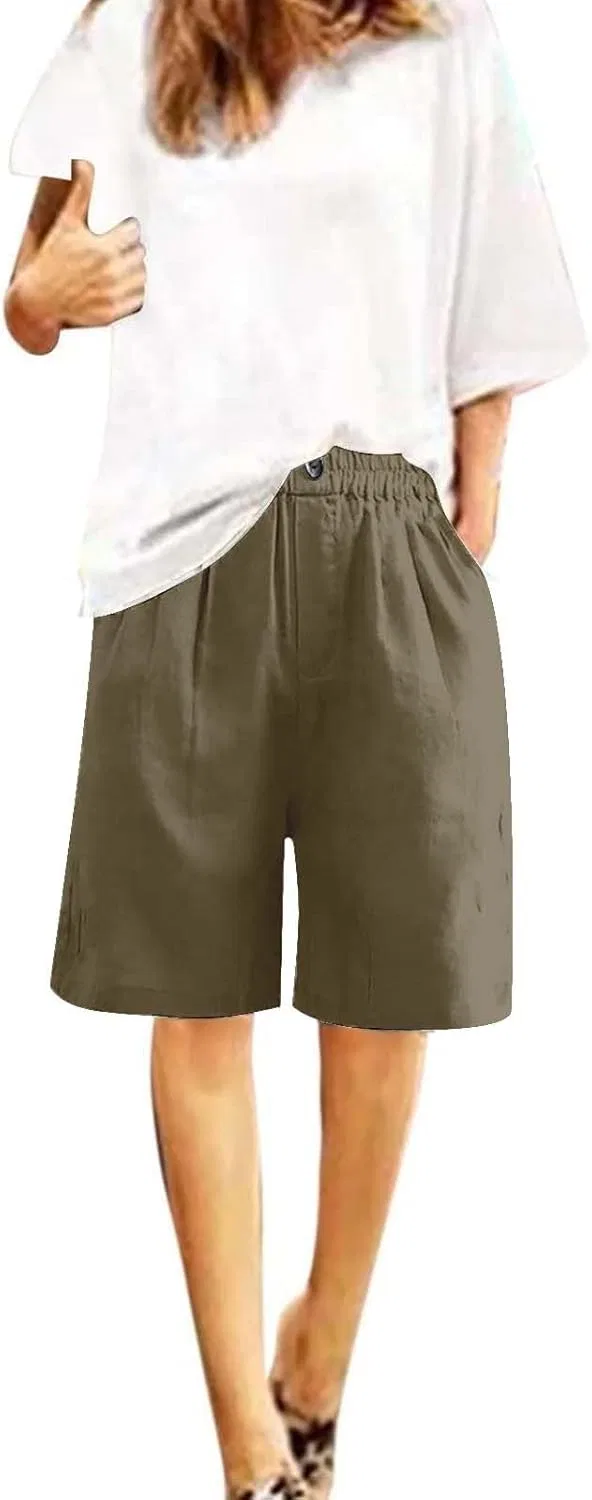 Шорты-бермуды женские из льна и хлопка, свободный крой, A1 Olive Khaki — фото 4