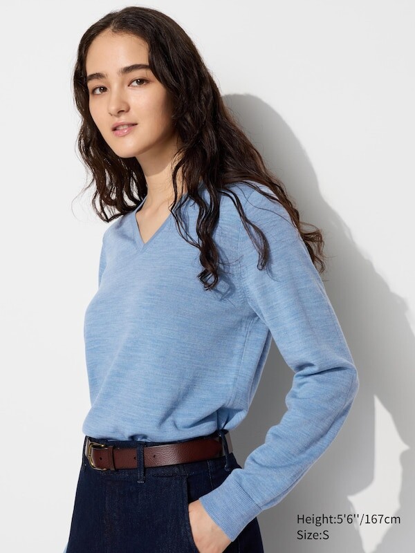 

Джемпер из мериноса с v образным вырезом Uniqlo, синий