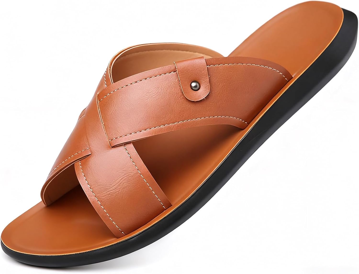 

Мужские кожаные пляжные сандалии BANGTEUO с плоской подошвой, удобной арочной поддержкой и противоскользящей подошвой, шлепанцы для отдыха на пляже, дома и на улице каждый день, Brwon-b