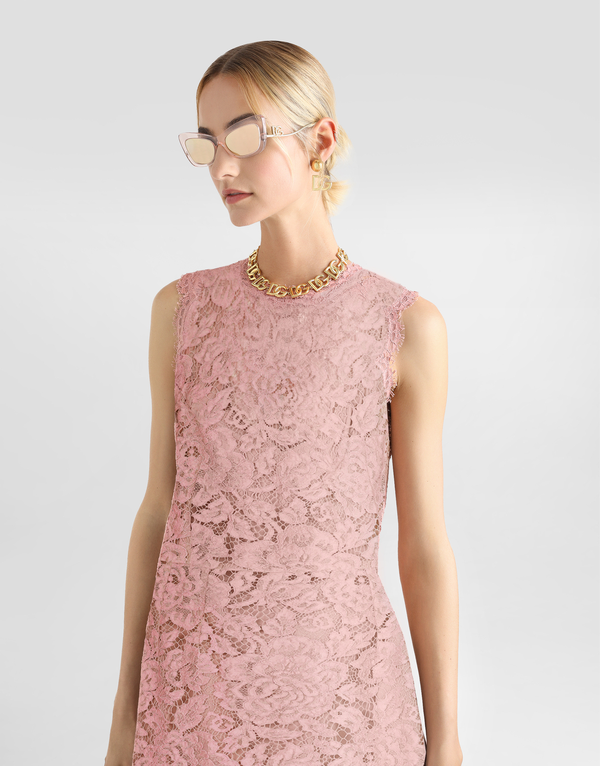 Платье Dolce & Gabbana Floral Lace Sleeveless A-line With Logo, розовый — фото 4