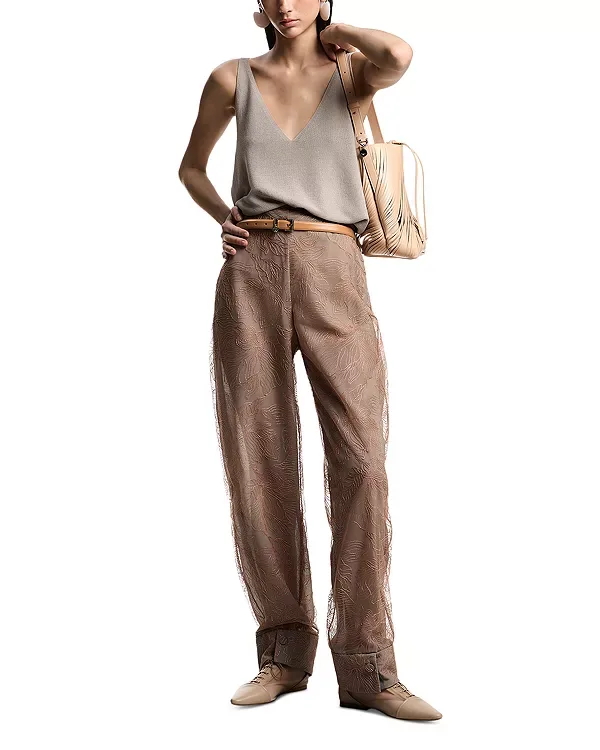 Брюки из тюля с металлизированной цветочной вышивкой Emporio Armani, Nude/Persimmon — фото 2