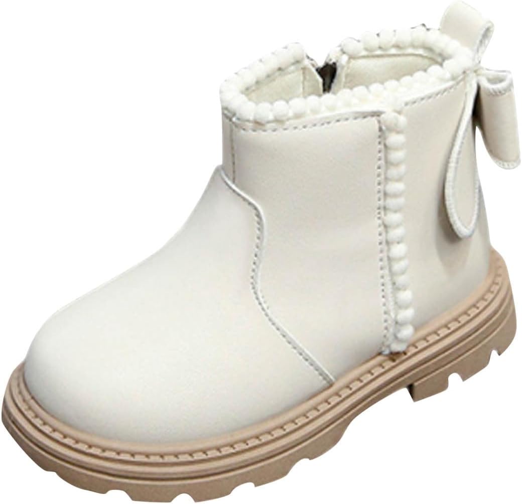 

Девочкам осенне-зимние ботильоны на щиколотку с боковой молнией, водонепроницаемые, из искусственной кожи, легкие, с массивным бантом, теплые детские ботинки Generic, A1-White