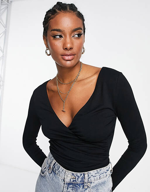 

Черное боди с длинными рукавами и запахом ASOS DESIGN