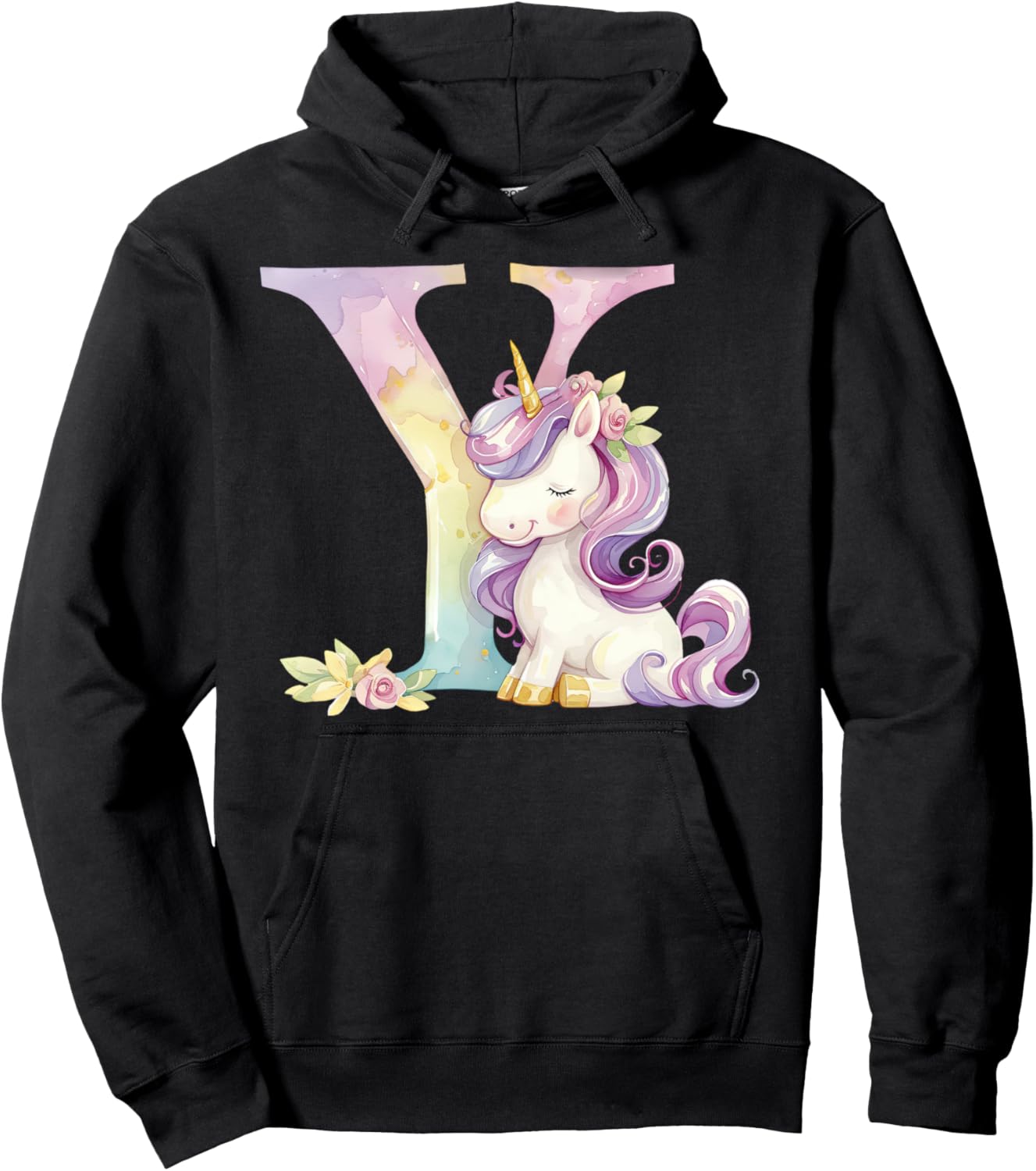 

Худи с монограммой Y, нарядом на день рождения с единорогом и начальной буквой Y Y Unicorn Alphabet Tees Nyc, черный