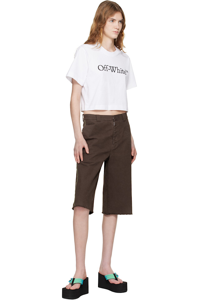 Off-White Белая укороченная футболка с большим логотипом на книжную тематику — фото 4