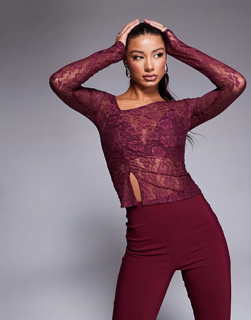 

Прозрачный кружевной асимметричный топ бордового цвета ASOS DESIGN