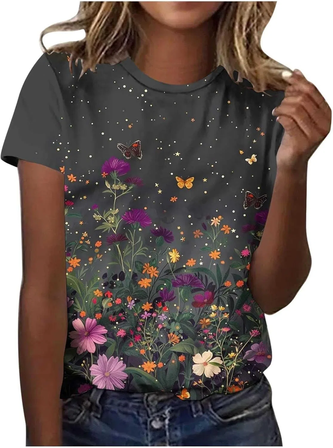 Футболка с цветочным принтом, женская, короткий рукав, Cotton 8#multicolor