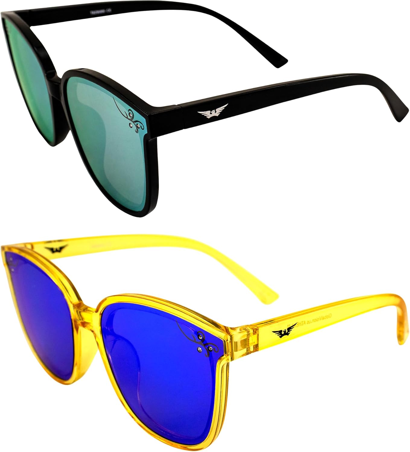 

Солнцезащитные очки Global Vision Eyewear Athena II Fashion для женщин, 2 пары: черные с желтыми зеркальными линзами и кристально-желтые с синими зеркальными линзами, Black-yellow/Yellow-blue