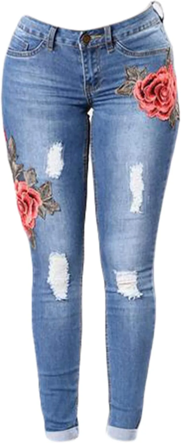 

Andongnywell женские джинсы с высокой талией, рваные, с цветочной вышивкой