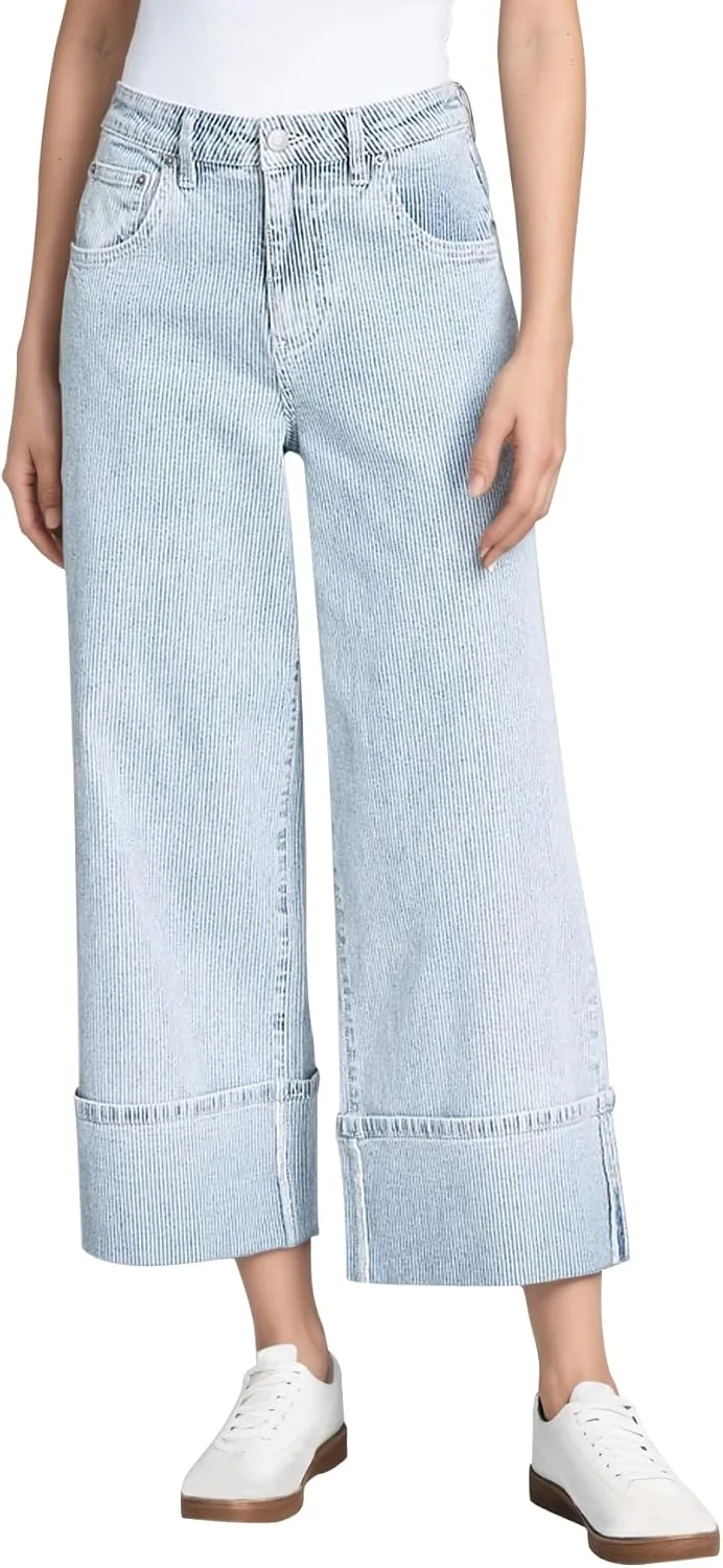 

Kedera Women Casual полосатые джинсы с манжетами и широкими штанинами