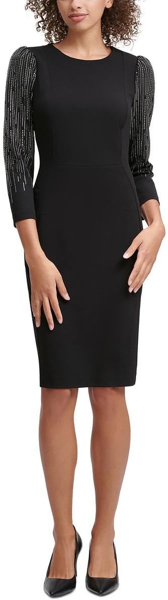 

Платье-футляр Calvin Klein Scuba Crepe с рукавами 3/4, расшитыми бисером, Black