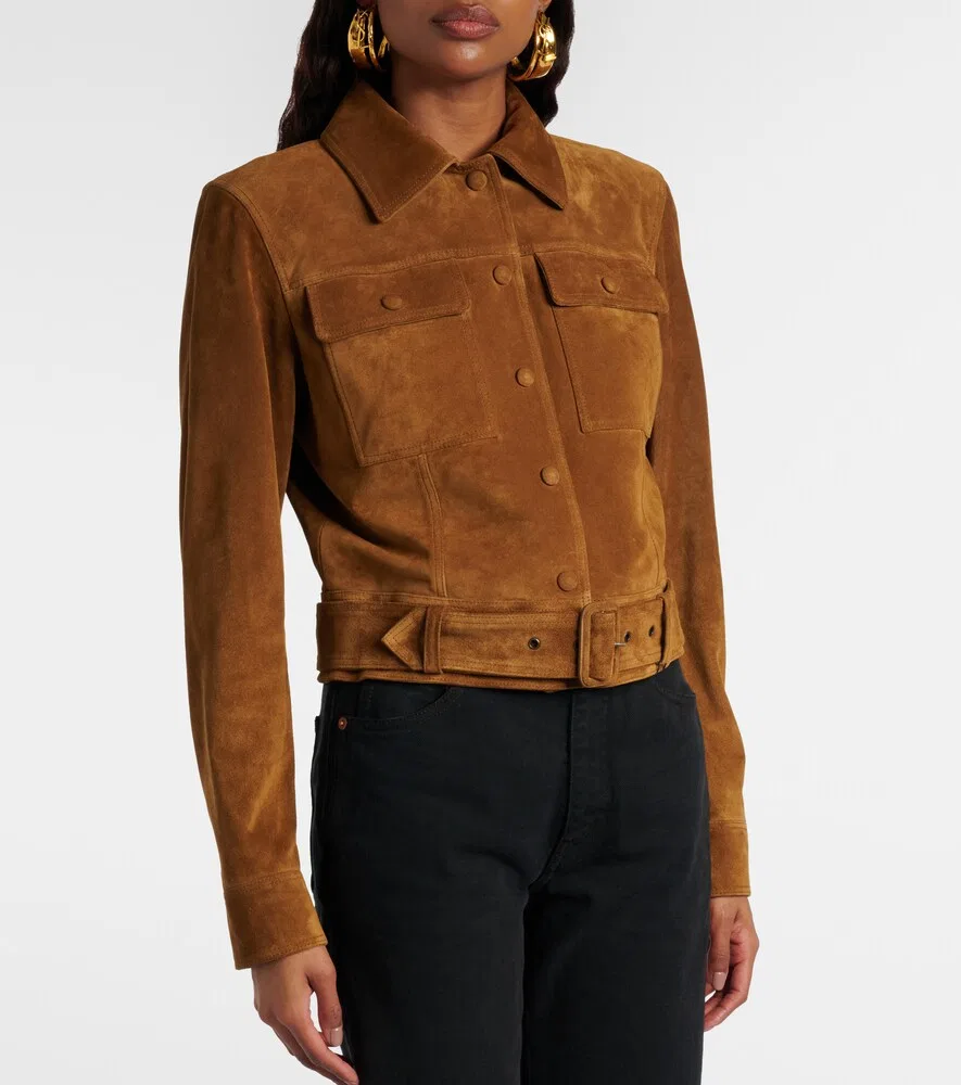 Укороченная замшевая куртка с поясом Saint Laurent, коричневый — фото 3