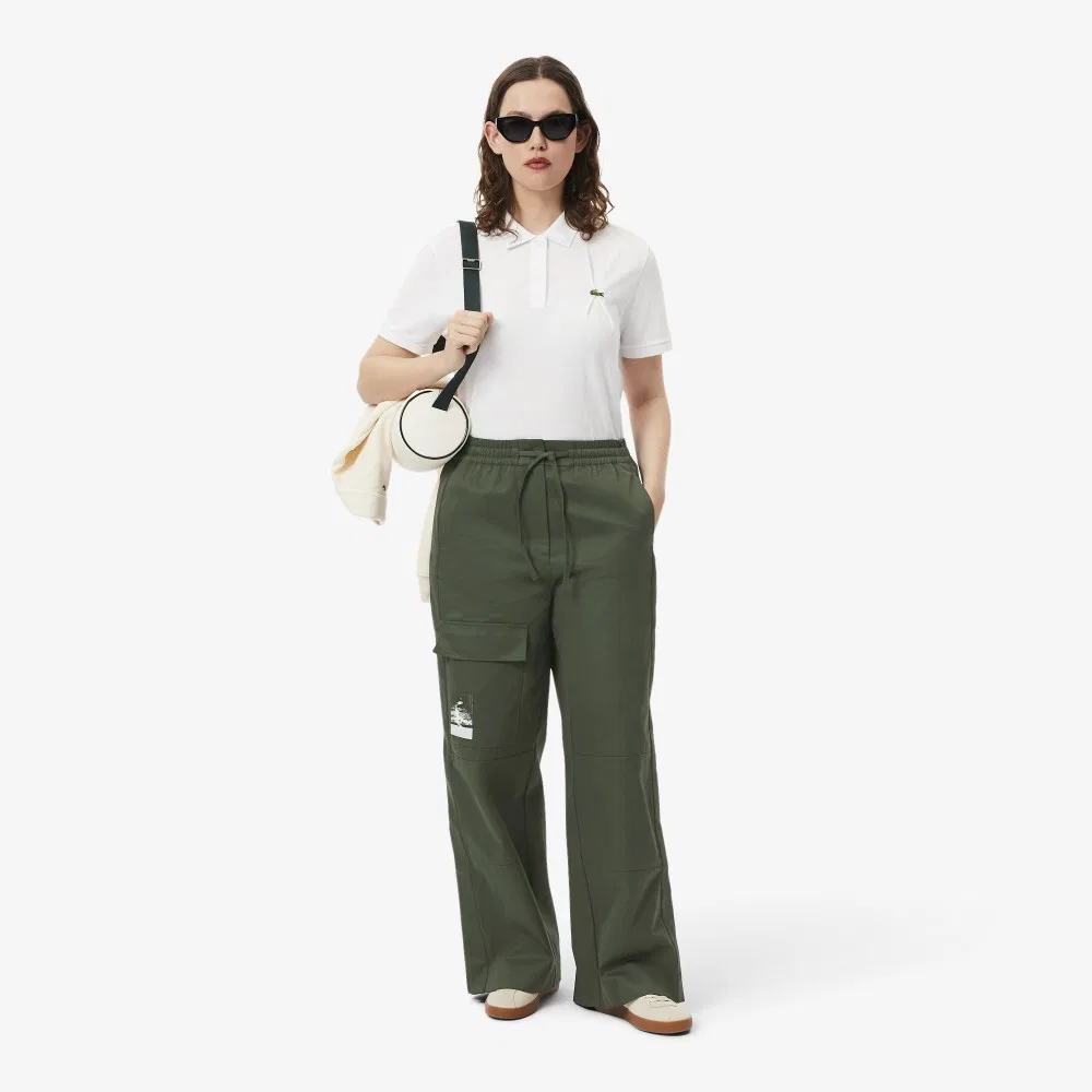 Брюки женские Lacoste, широкие хлопковые с карманами, тёмно-хаки — фото 2
