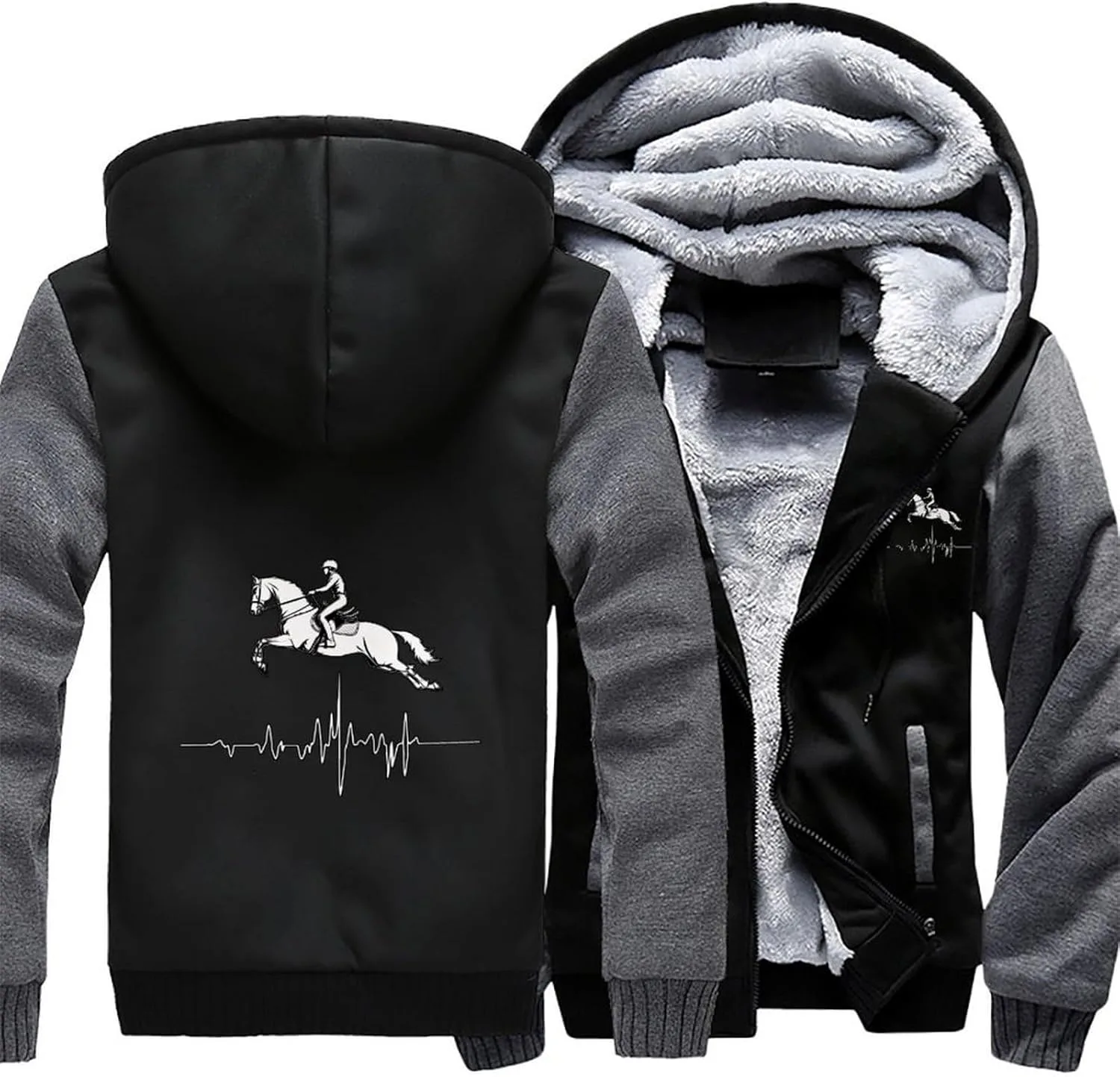 Толстовка с капюшоном Jumping Horse Equestrian Heart Beat, утепленная, из плотного флиса, с карманами, зимняя Generic, серый — фото 3