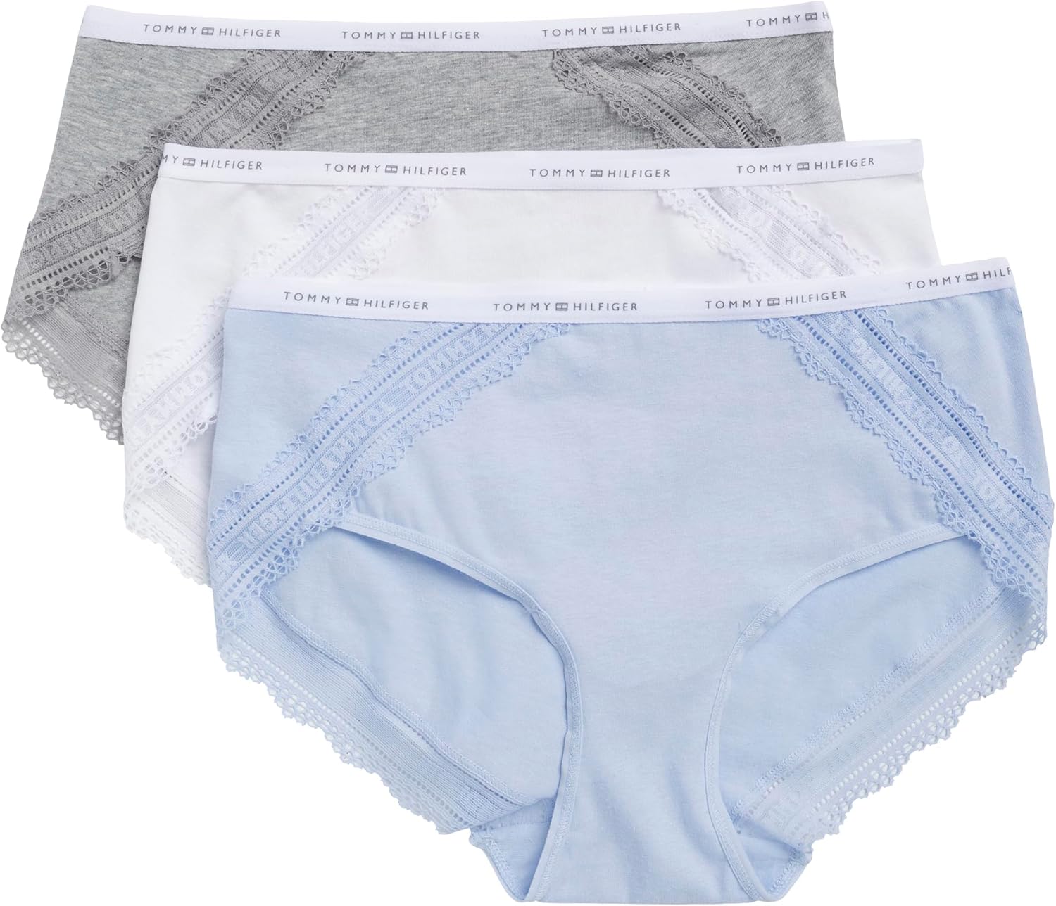

Женские хлопковые трусы-хипстеры Tommy Hilfiger с логотипом на поясе и кружевной отделкой, упаковка 3 шт., Sweet Blue/Bright White/Heather Grey
