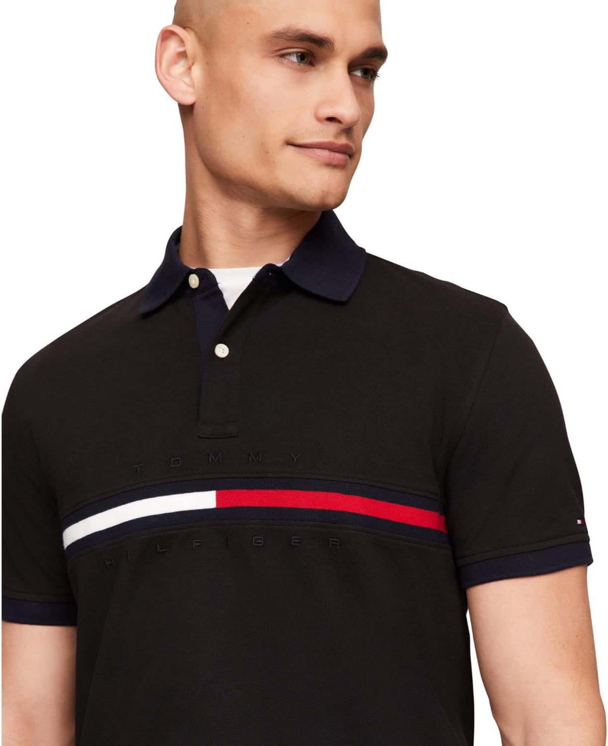 Мужская рубашка поло Tommy Hilfiger с коротким рукавом и принтом флага из хлопка пике, индивидуальный крой, Deep Knit Black — фото 2