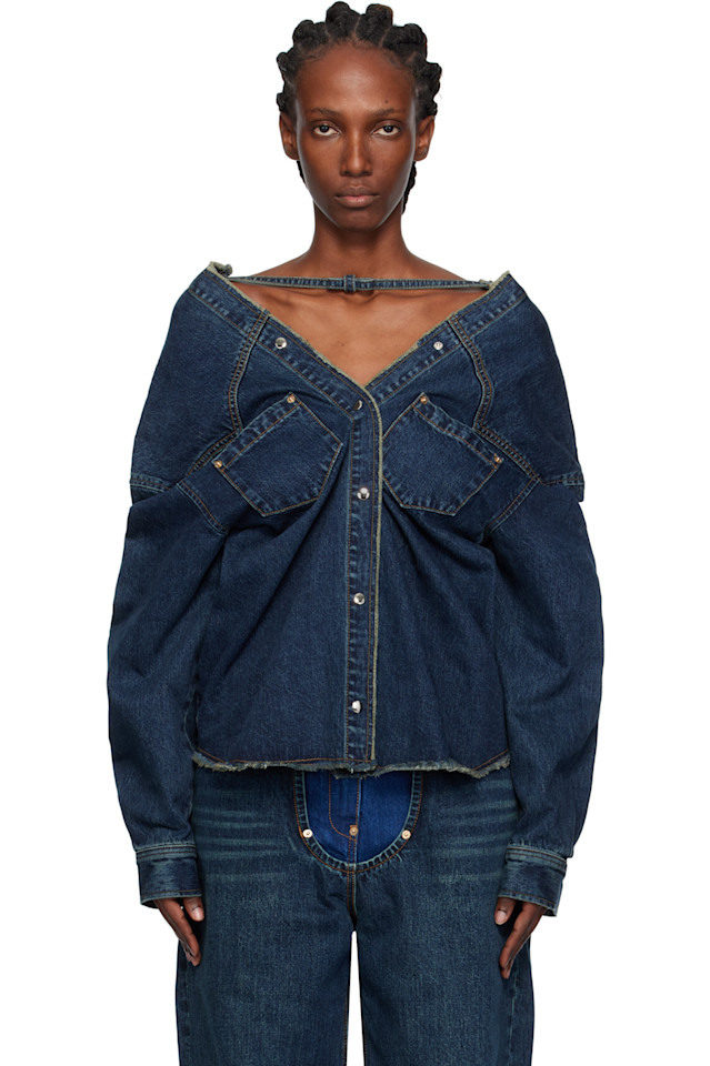 

Pushbutton Темно-Синяя джинсовая блузка с ремешками и острыми концами