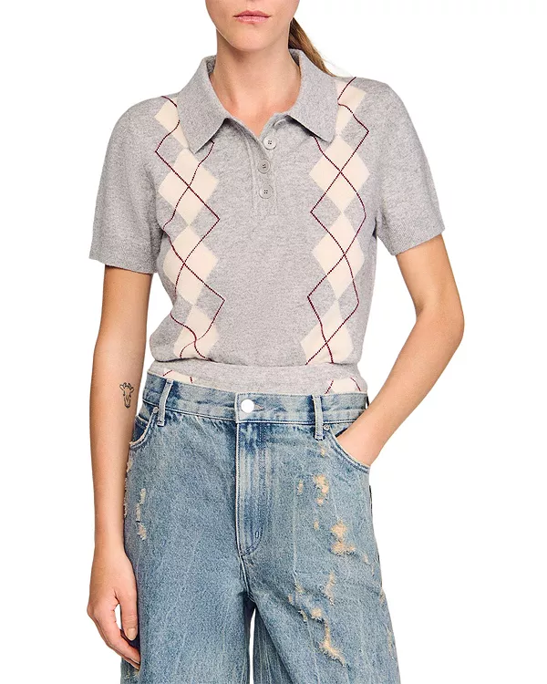 

Свитер с воротником-поло в ромбик Sandro, серый