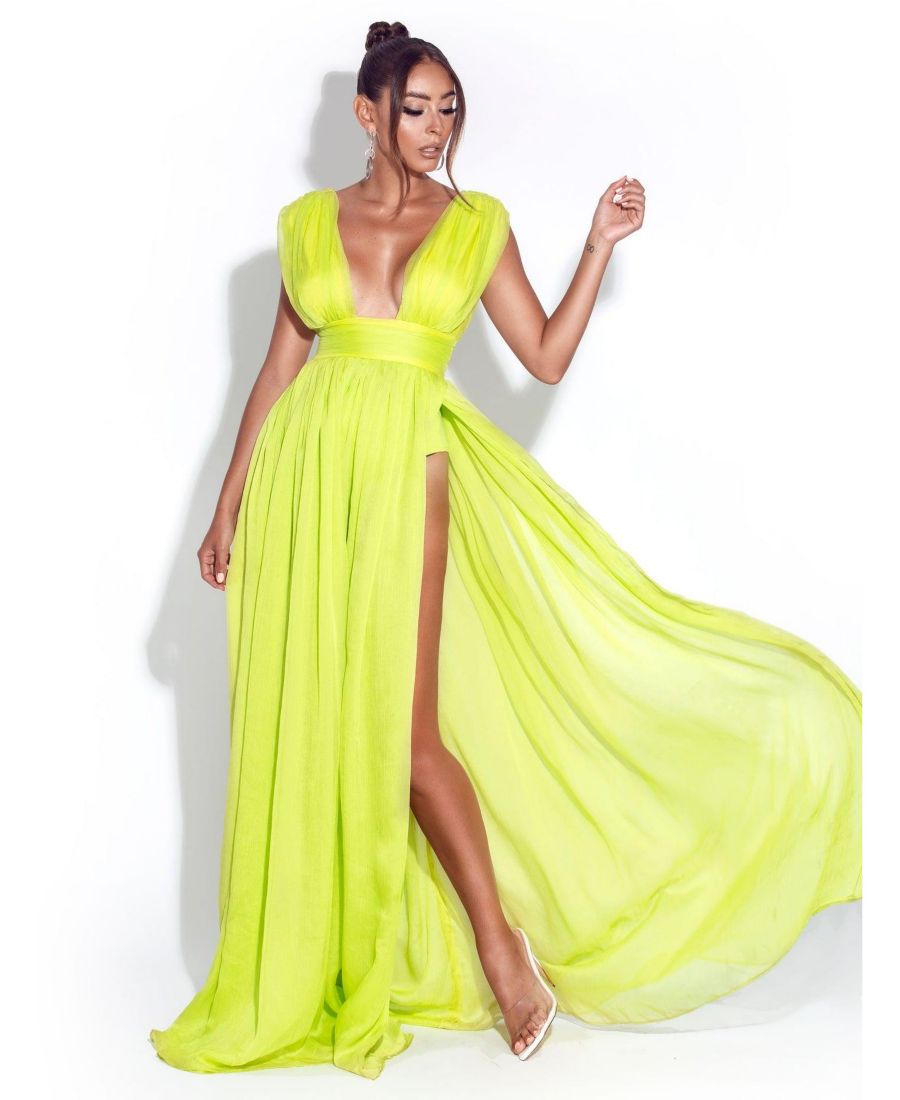 

Женское длинное платье Valley Of Angels из лаймового шифона с плиссировкой и высоким разрезом Miss Circle, Lime green
