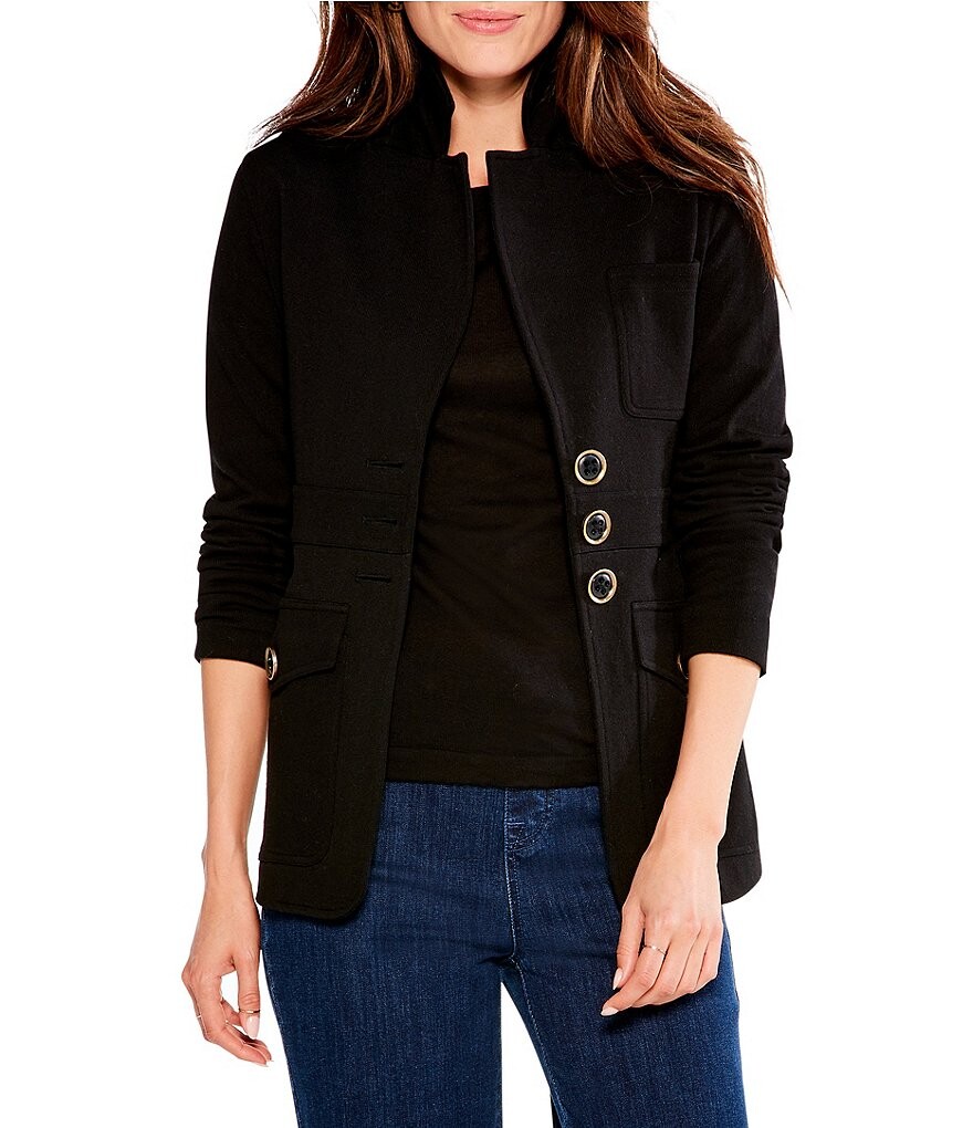 

Блейзер NIC + ZOE Editor с вязаным воротником и карманами на пуговицах спереди и длинными рукавами, черный