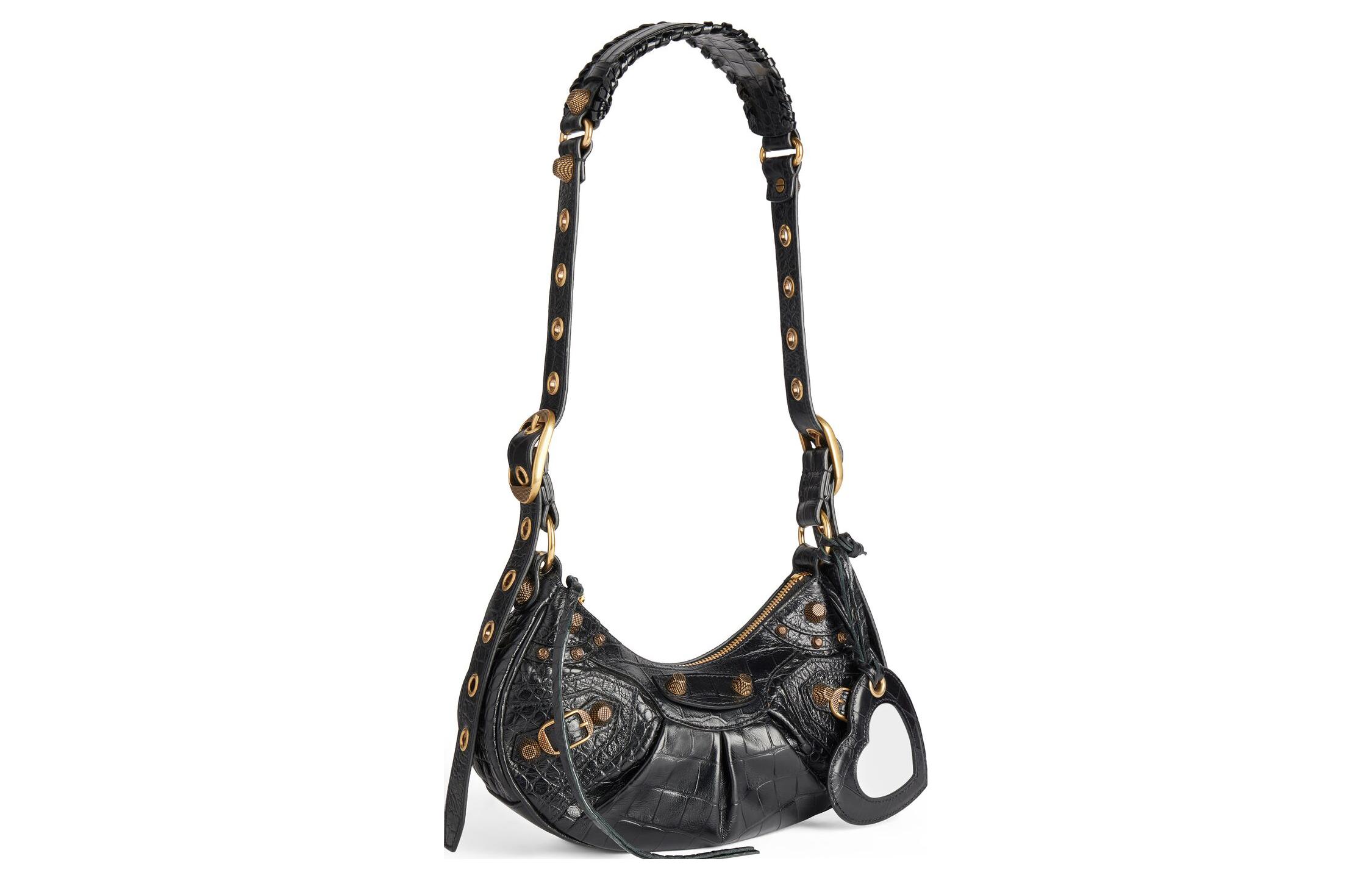 Сумка Balenciaga Le Cagole XS на плечо, черная, с тиснением под крокодила — фото 2