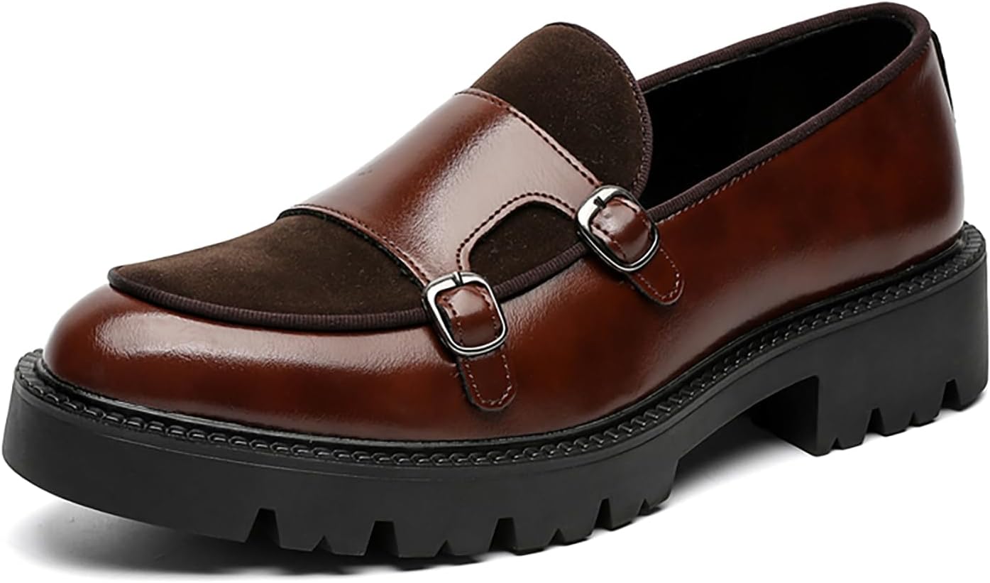 

Мужские кожаные лоферы на платформе с двойным ремешком-монахом, модные туфли низкого типа с рифленой подошвой, без шнурков, для вечеринок, делового и повседневного ношения Ryvz Tynx, коричневый