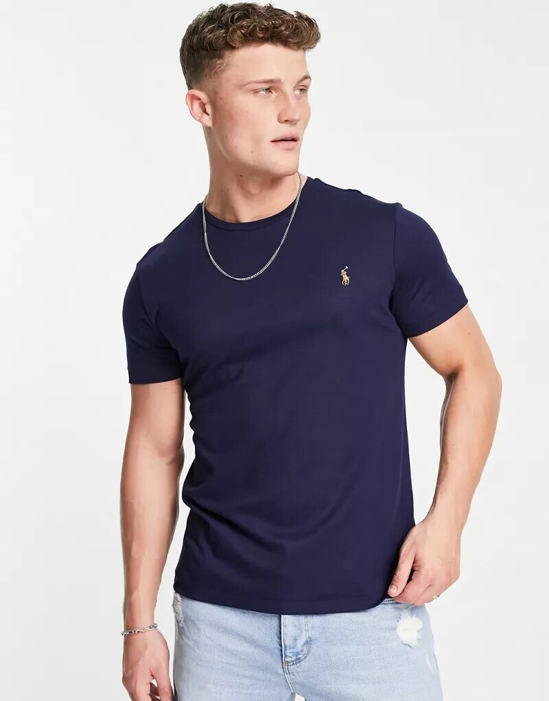 Темно-синяя хлопковая футболка с логотипом Polo Ralph Lauren pima — фото 4