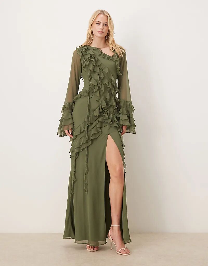

Платье макси ASOS DESIGN Tall из шифона с длинными рукавами, асимметричным ярусным узором и мягкими оборками цвета хаки