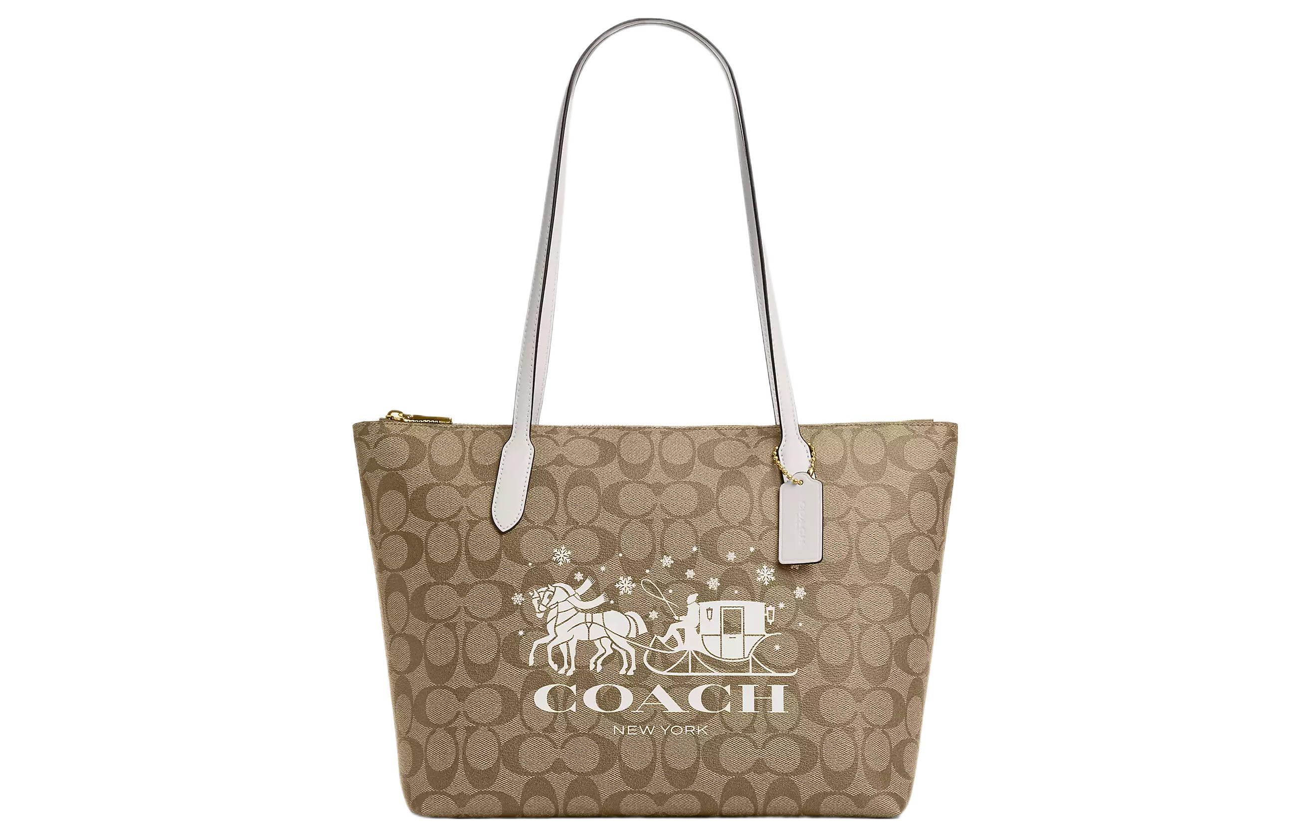 

Сумка-шоппер Coach с застежкой-молнией из лакированной кожи и гладкой кожи, женская, цвет хаки