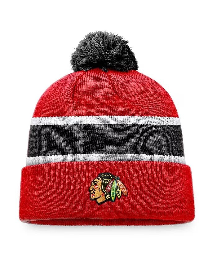 

Мужская красно-черная вязаная шапка Chicago Blackhawks с манжетами и помпоном Fanatics