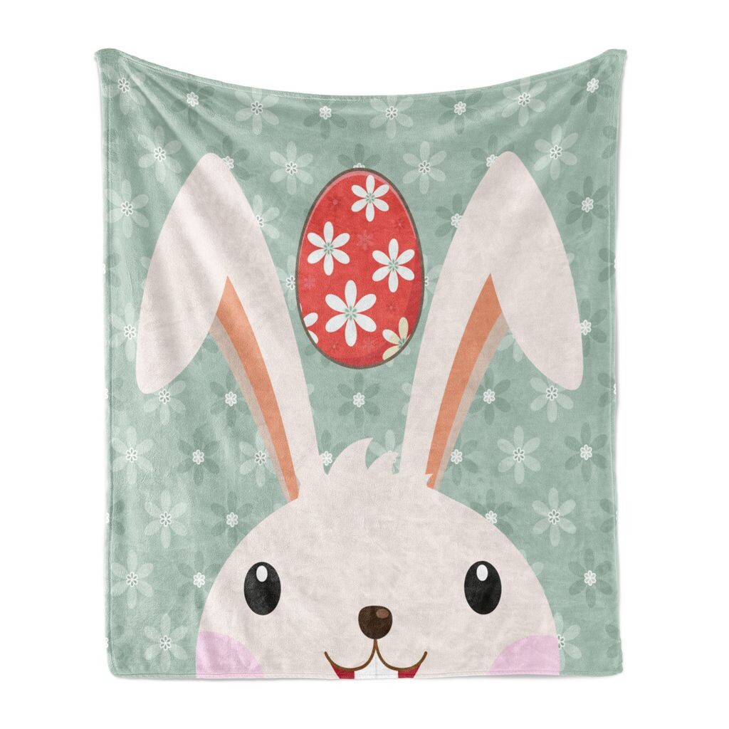 

ABAKUHAUS Rabbit Мягкое фланелевое флисовое одеяло, забавное яйцо с кроликом и цветком, уютный плюш для использования в помещении и на улице, 125 x 175 см, миндально-зеленый цвет шампанского