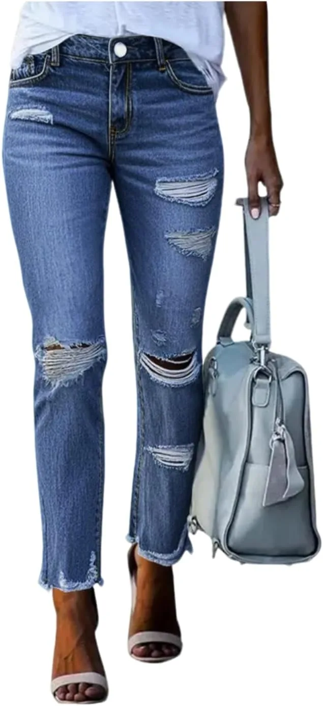 

Плюс сайз скинни джинсы для женщин, стрейч, высокая талия, длина до щиколотки, потертости QERINTE