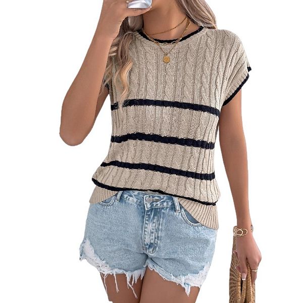 

Женский полосатый пуловер с круглым вырезом и короткими рукавами Yesfashion, Khaki