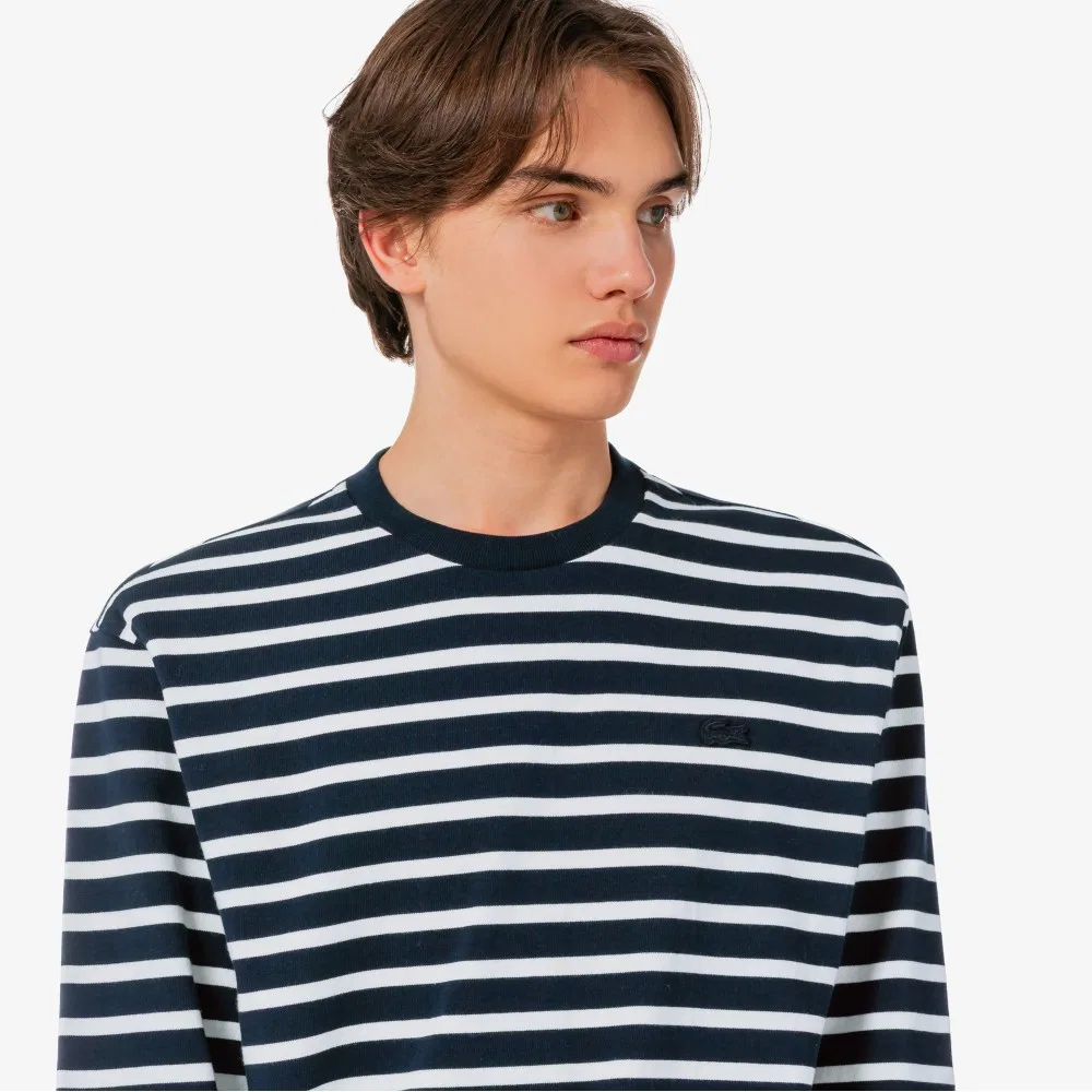 Мужская полосатая футболка с длинным рукавом тёмно-синяя от Lacoste — фото 2