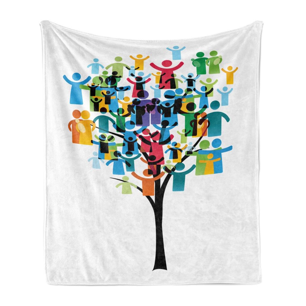 

ABAKUHAUS Family Мягкое фланелевое флисовое одеяло, Happy People Tree Art Design, уютный плюш для использования в помещении и на улице, 125 x 175 см, разноцветное