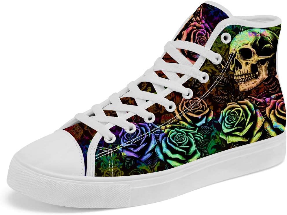 

Женские и мужские высокие кеды с цветочным черепом на холщовой основе, высокие кроссовки с черепом, повседневные шнуровки Chebing, 615 Rainbow