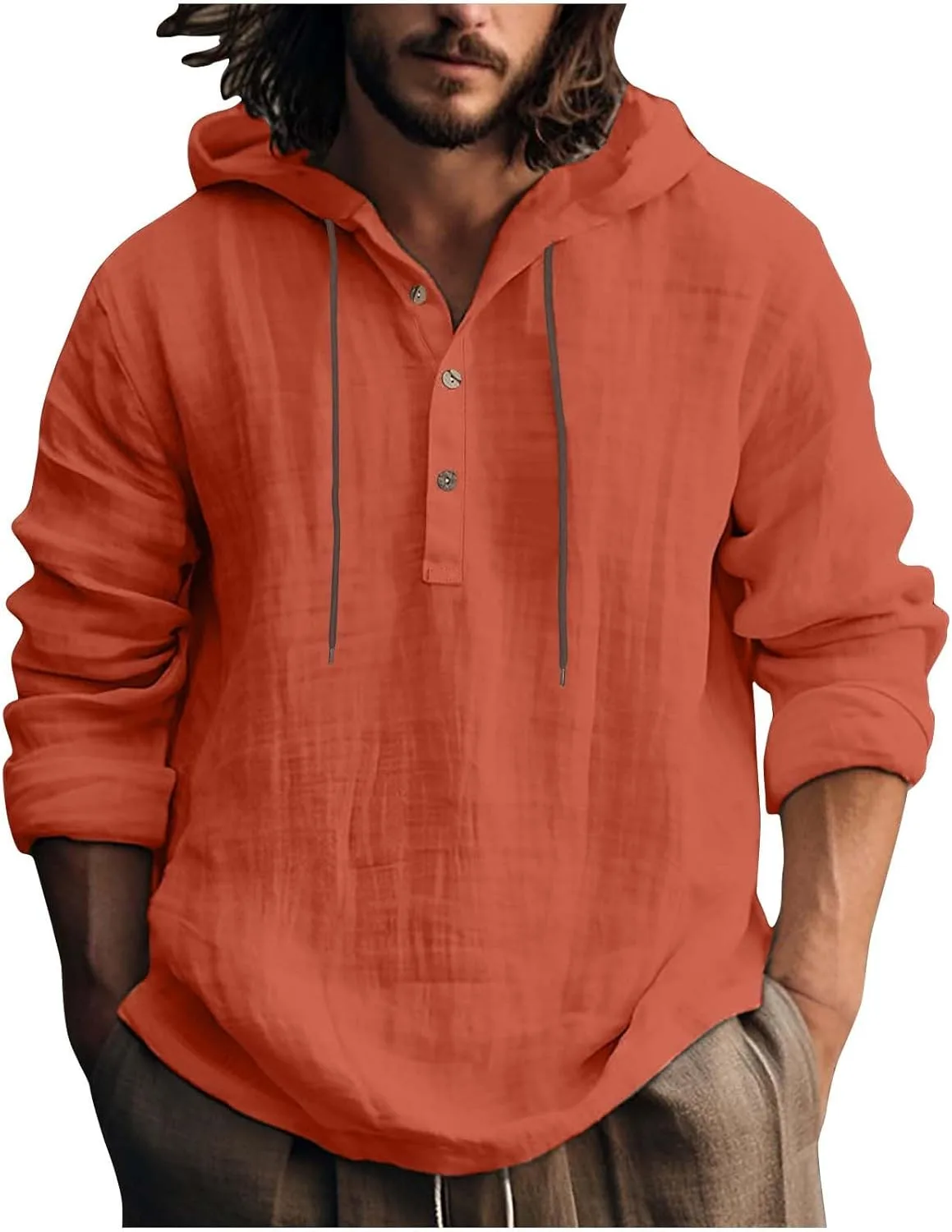 

Мужская хлопковая льняная толстовка с капюшоном V-образный вырез на пуговицах