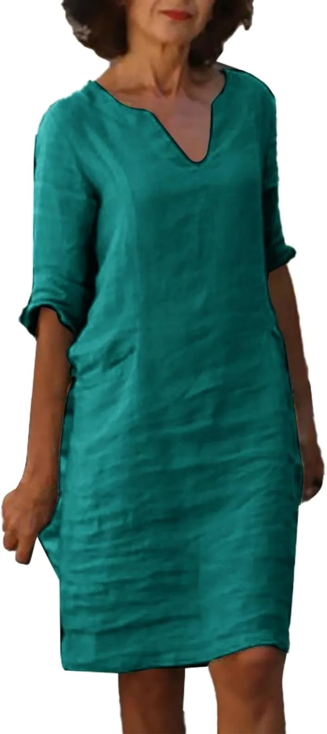 И льняное короткое платье с коротким рукавом для отдыха, полуповседневное мини-платье с V-образным вырезом, однотонное женское платье для невысоких женщин Generic, зеленый