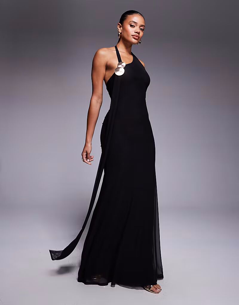 

Платье макси с драпировкой, воротником-шарфом и золотой фурнитурой, черное Asos Design