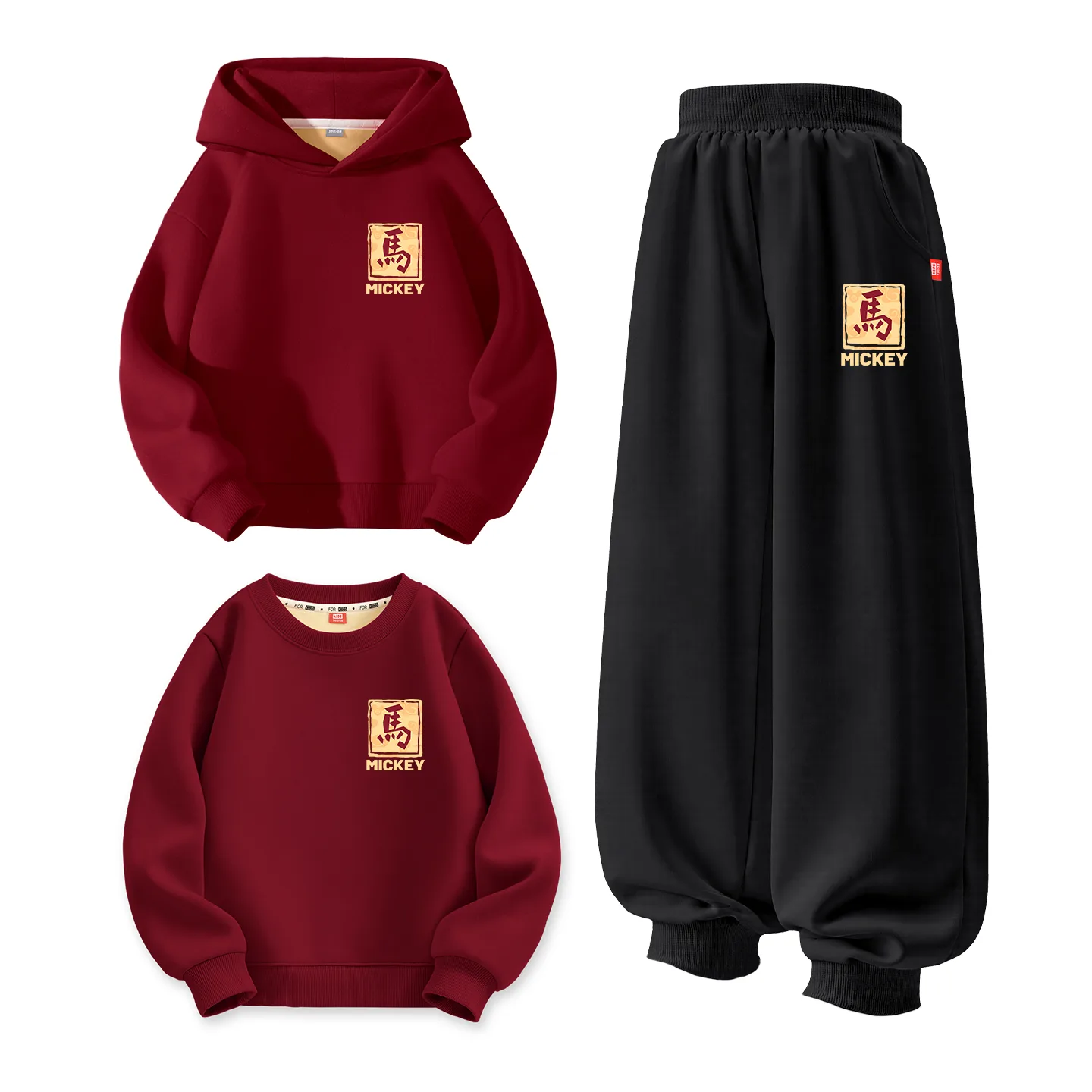 Disney Kids Tang Suits Crew Neck Thickness, [Thickened and Fleece-Lined]Di Wealth Baoqi K Burgundy+Di Bao Cai K Graphite Gray+Di Wealth Baoqi K Burgundy — фото 3