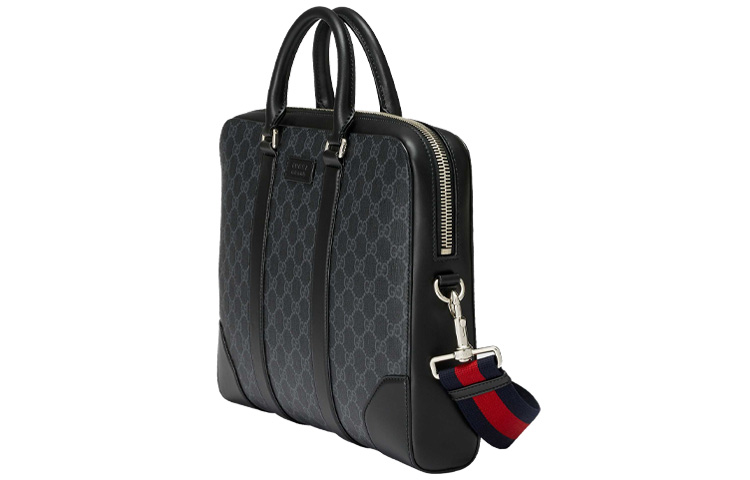GUCCI Кожаный портфель на холсте с наплечным ремнем через плечо и ручкой черный мужской — фото 3