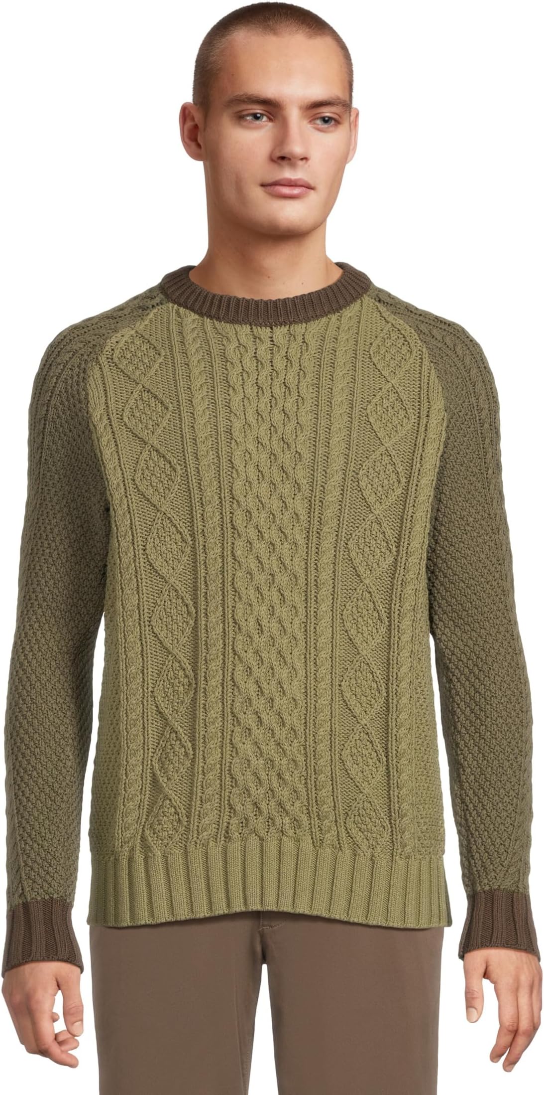 

Свитер L.L.Bean Signature Cotton Fisherman Sweater, Crewneck, Colorblock, цвет Olive Gray