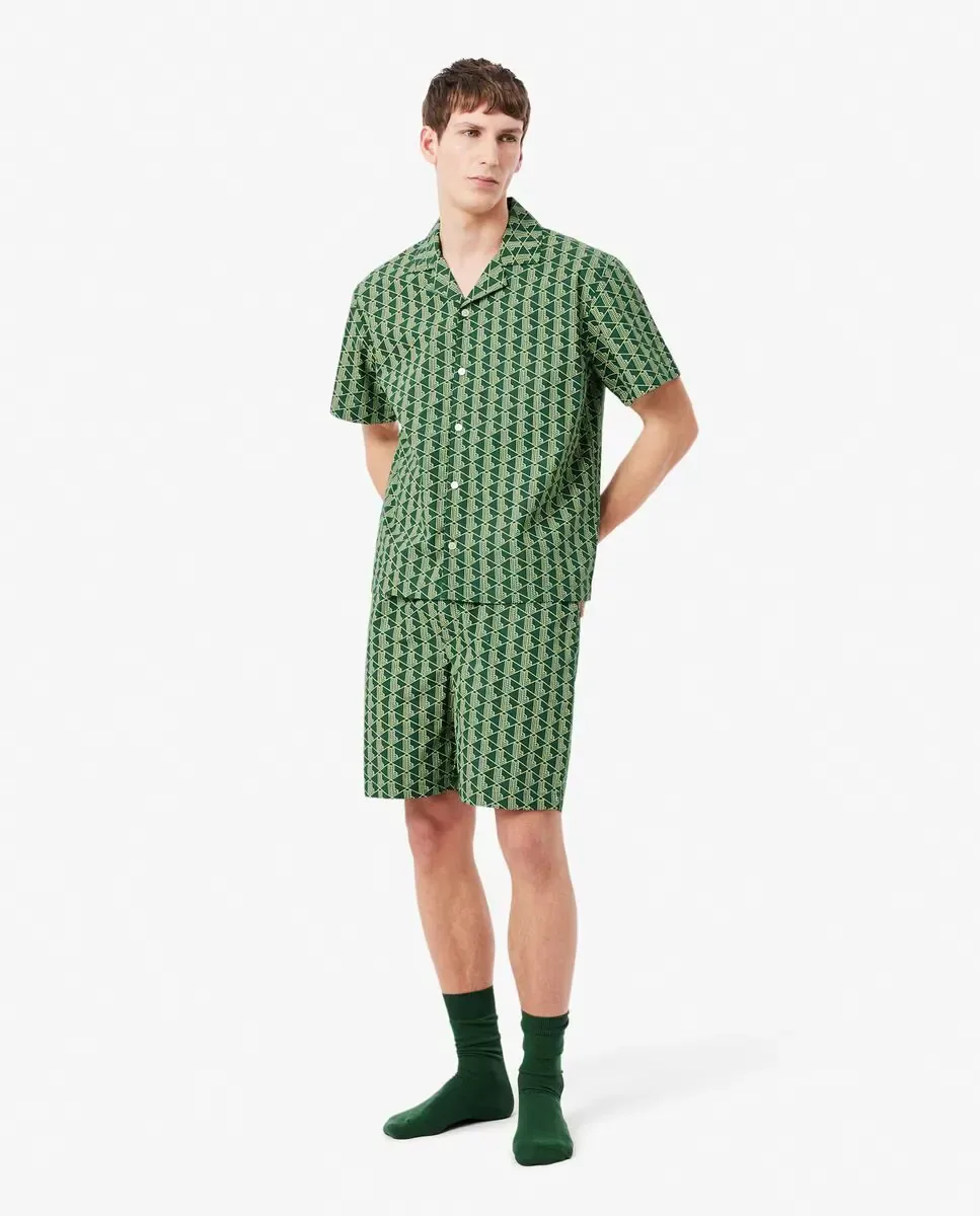Lacoste Мужские короткие пижамные брюки из поплина с зеленым узором монограммы