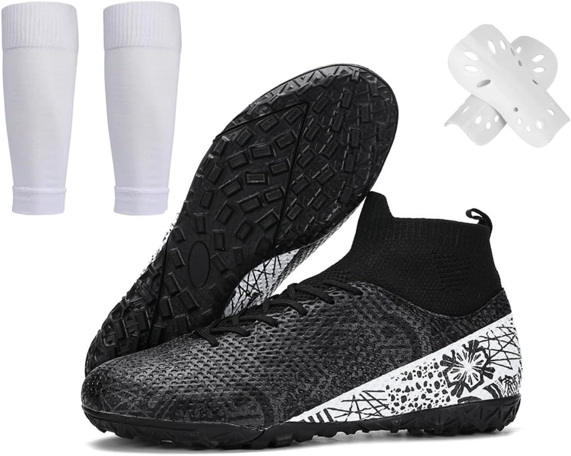 

Футбольные бутсы для мужчин, высокие, для игры на искусственном газоне и с шипами AG, кроссовки для тренировки, унисекс, для женщин, подростков, мальчиков и девочек, с комплектом носков и щитков Spedify, черный