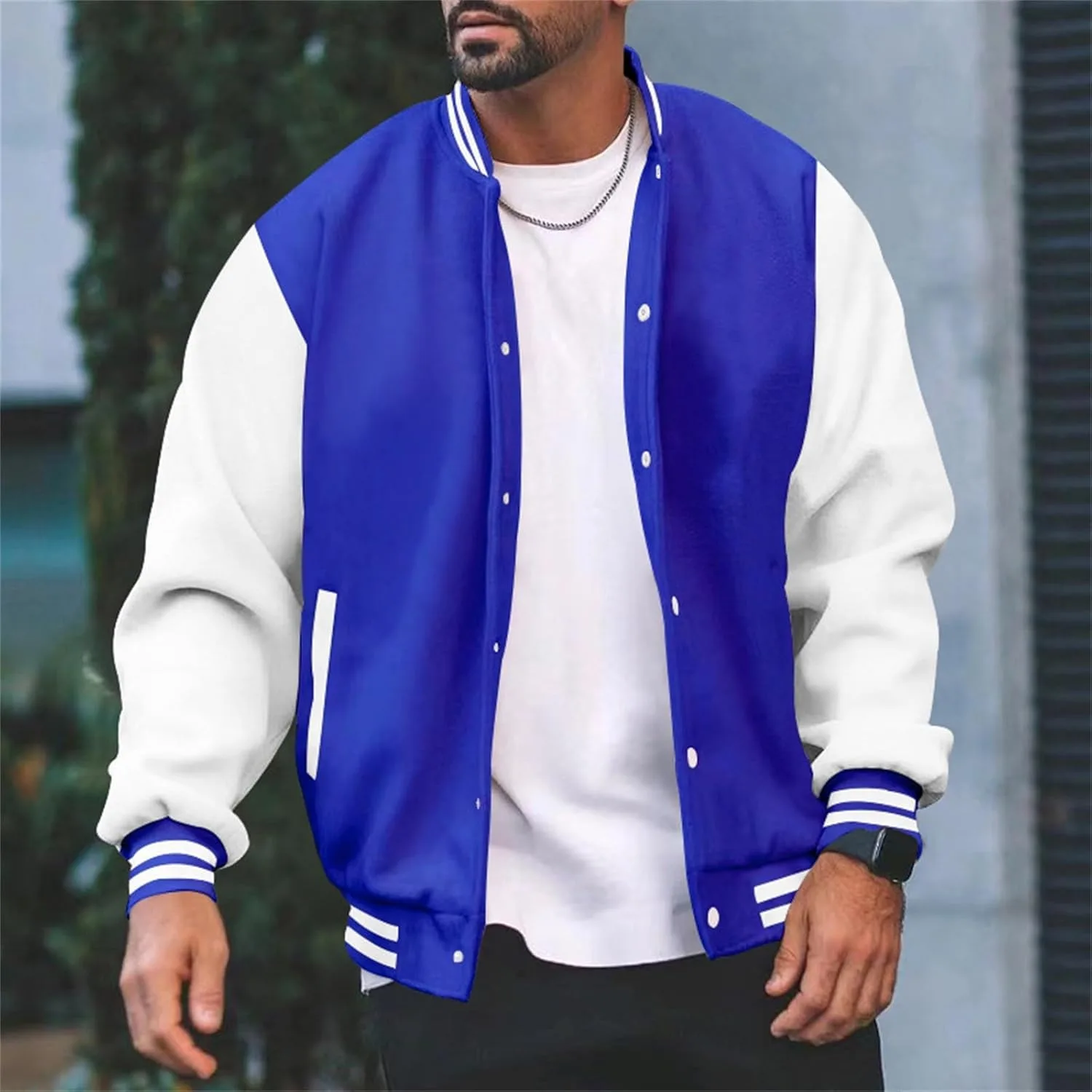 Мужская повседневная куртка в стиле Varsity, бейсбольная куртка-бомбер, спортивная куртка для тренировок, стандартный крой, куртка-бомбер для колледжа Generic, синий — фото 2
